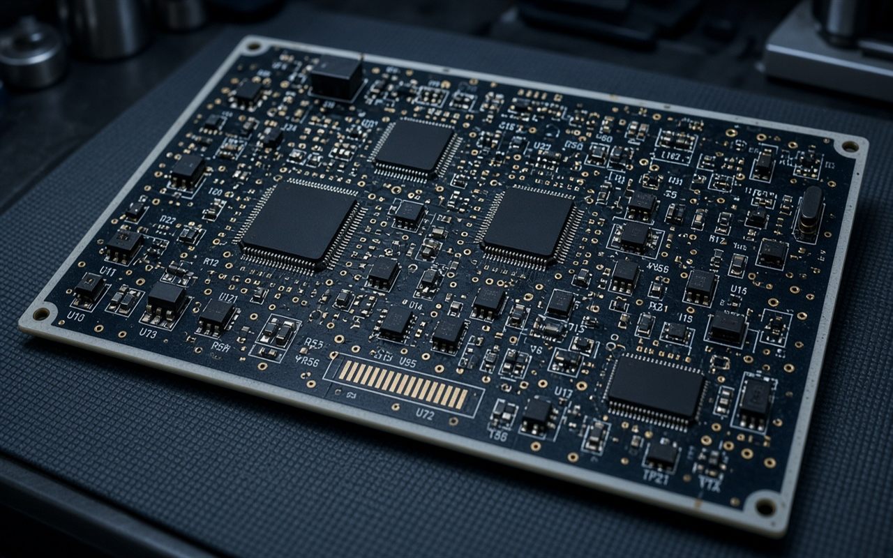 Industrial circuit board on a lab bench, prepared for design recovery